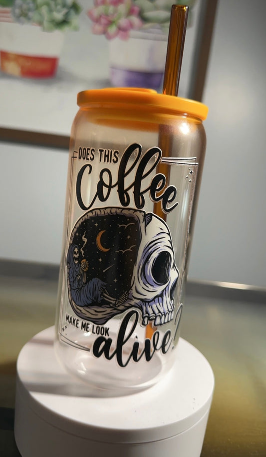 Does this coffee make me look alive? - 16oz GLASS CUP - bamboo style cup