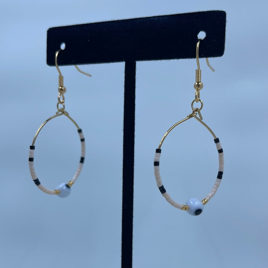 Black and Tan with White Evil Eye Bead Hoop Earrings