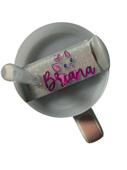 Custom Cat Personalized Simple Name Badge Tag for 2.0 Tumbler Topper slides on straw 40oz 30oz with engraved name on holographic resin clear acrylic