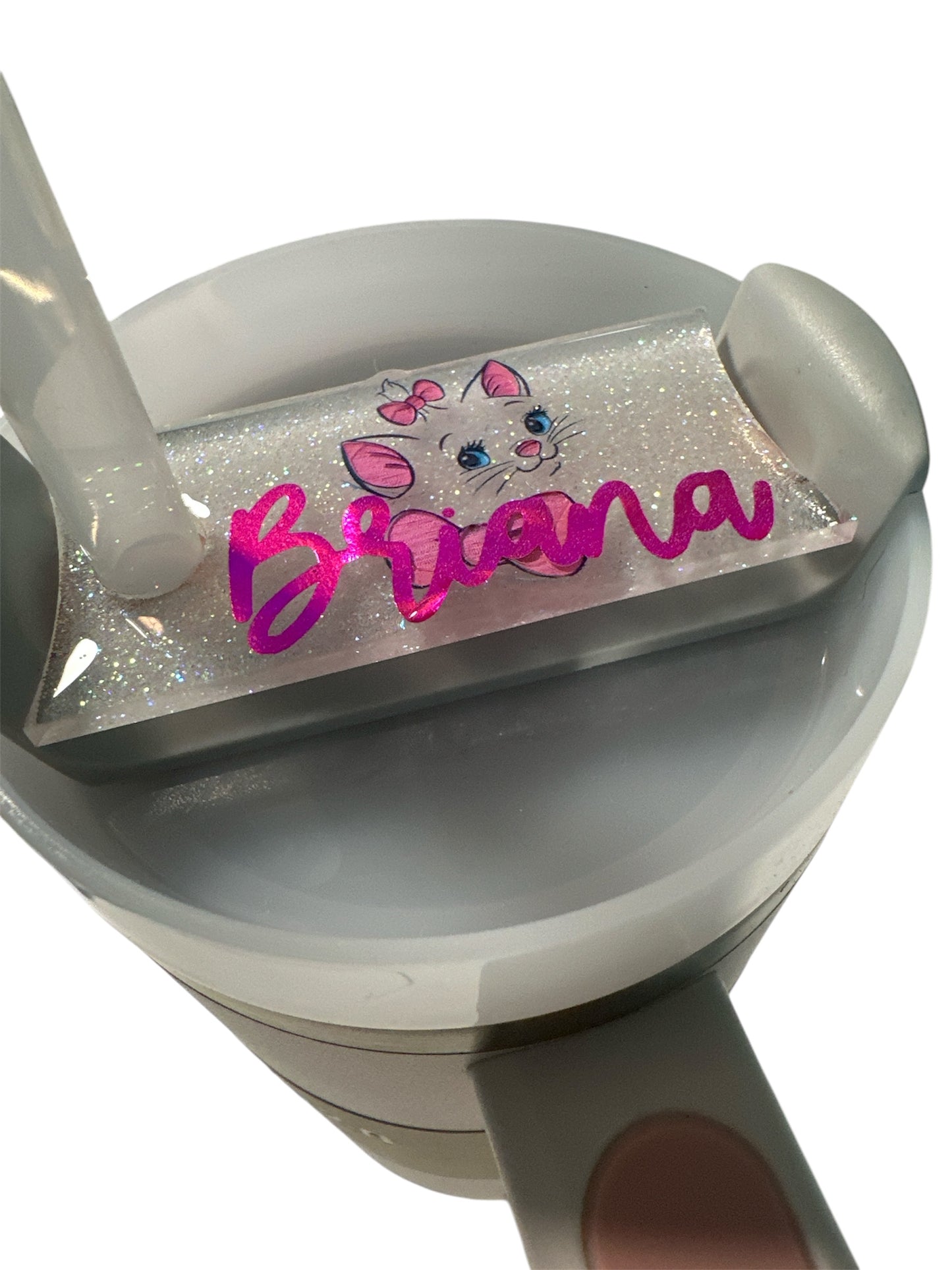 Custom Cat Personalized Simple Name Badge Tag for 2.0 Tumbler Topper slides on straw 40oz 30oz with engraved name on holographic resin clear acrylic