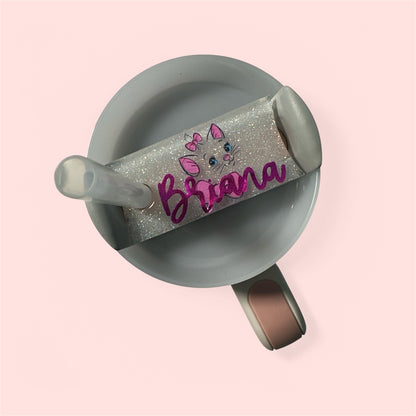 Custom Cat Personalized Simple Name Badge Tag for 2.0 Tumbler Topper slides on straw 40oz 30oz with engraved name on holographic resin clear acrylic