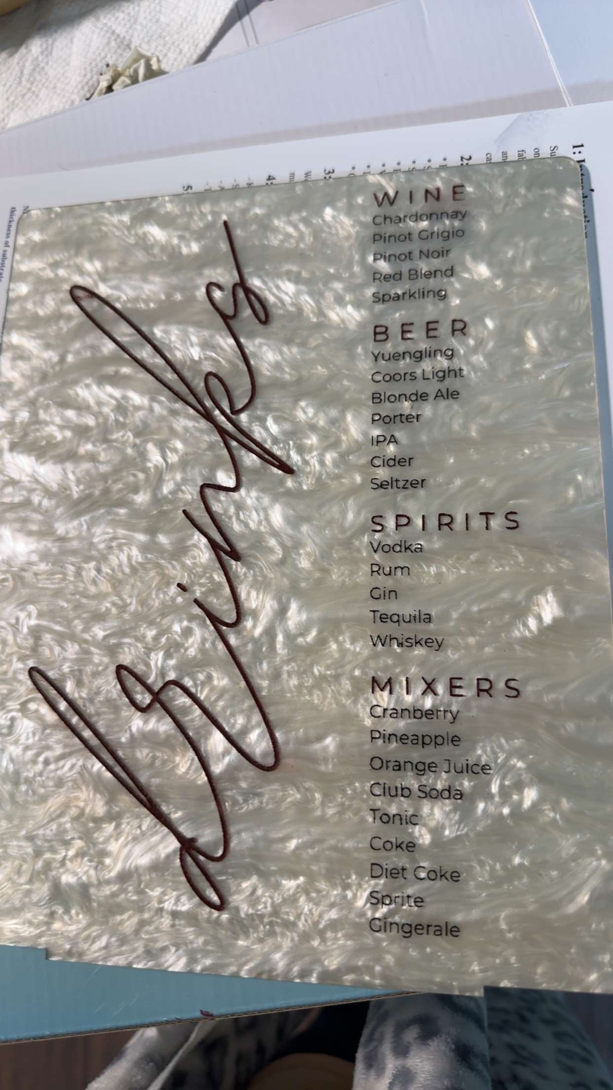 Pearl Acrylic Bar Menu Sign