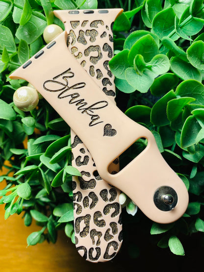 Name band animal print Engraved custom name watch bands, Leopard cheetah print, gift idea, Apple Watch 38 40 41 42 45 49 mm