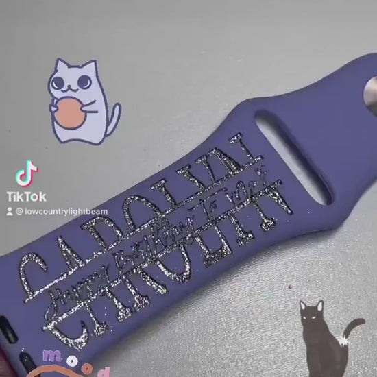 Cat Watch Band Engraved custom name watch bands, cat kitty kitten print, gift idea, Apple Watch 38 40 41 42 45 mm