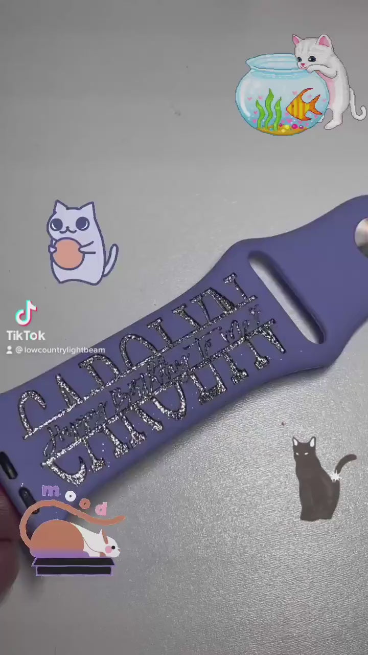 Cat Watch Band Engraved custom name watch bands, cat kitty kitten print, gift idea, Apple Watch 38 40 41 42 45 mm