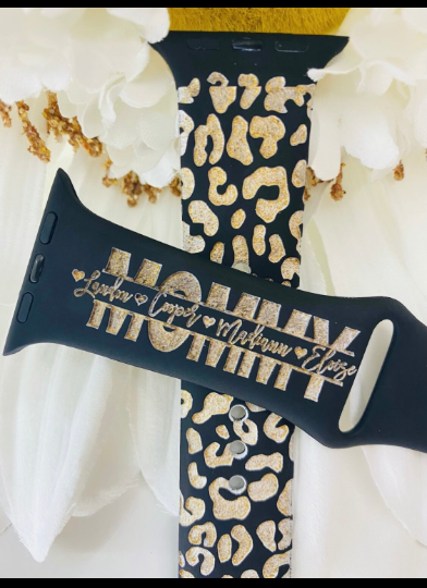 Cheetah Snow Leopard print custom laser engraved watch band Mommy, Mama, Mom, Nana, gift watch band