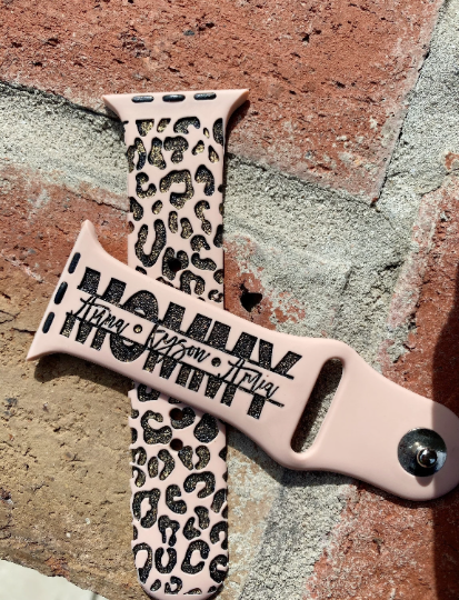 Cheetah Snow Leopard print custom laser engraved watch band Mommy, Mama, Mom, Nana, gift watch band