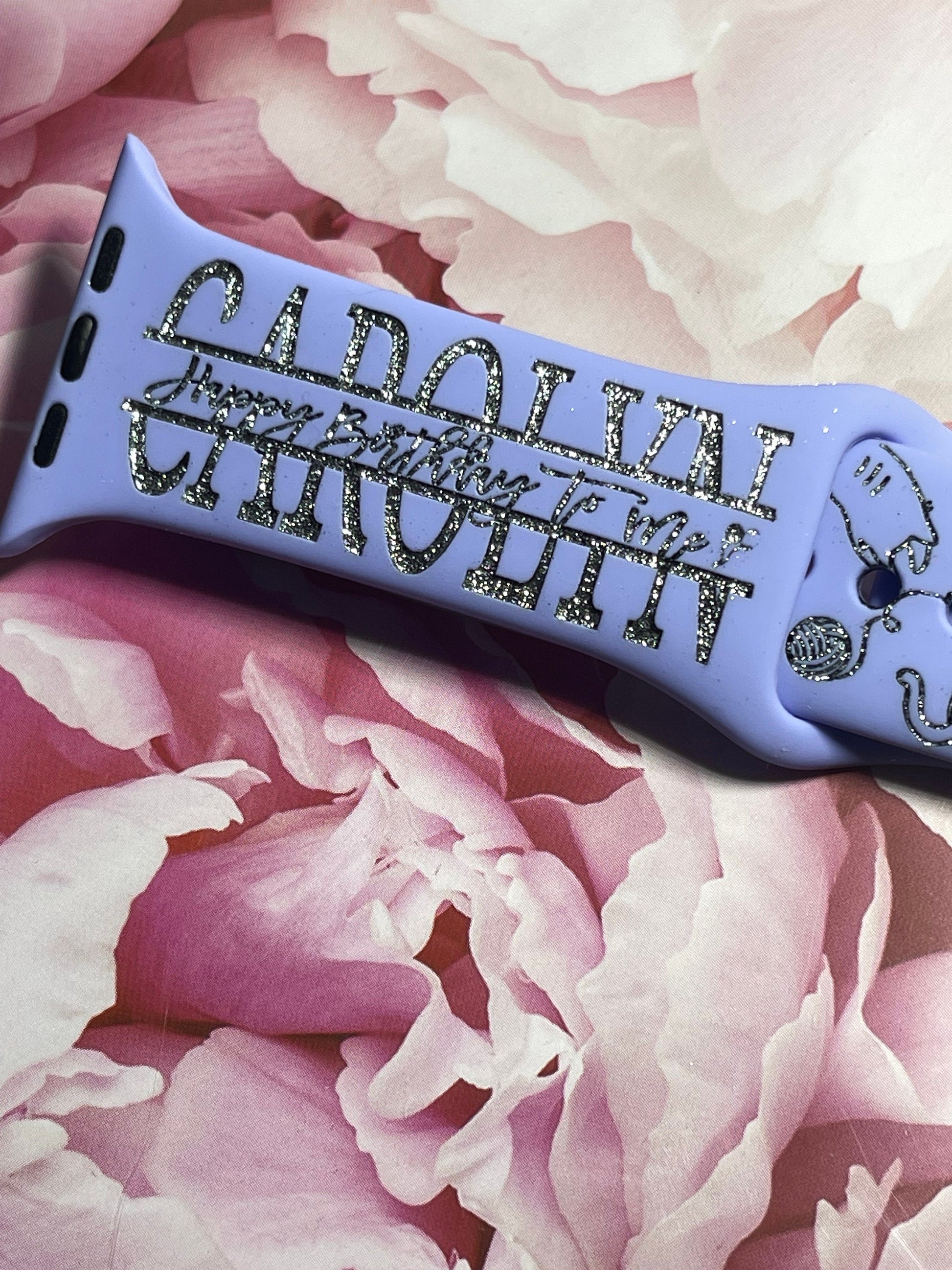 Cat Watch Band Engraved custom name watch bands, cat kitty kitten print, gift idea, Apple Watch 38 40 41 42 45 mm