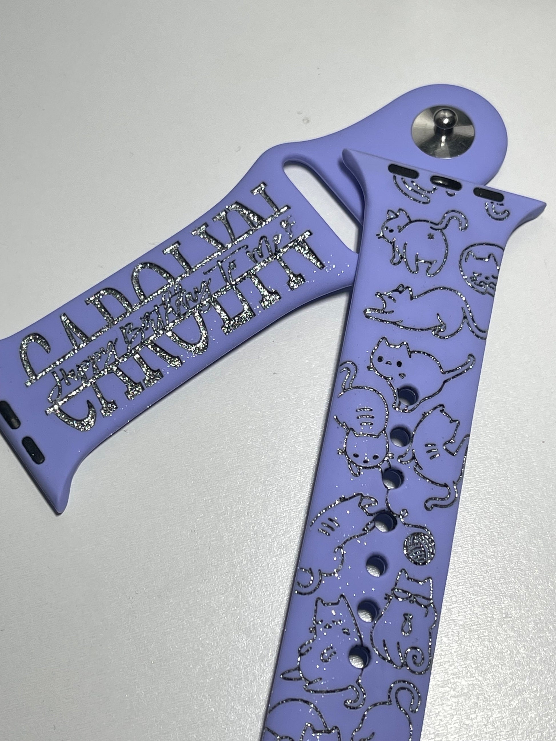 Cat Watch Band Engraved custom name watch bands, cat kitty kitten print, gift idea, Apple Watch 38 40 41 42 45 mm