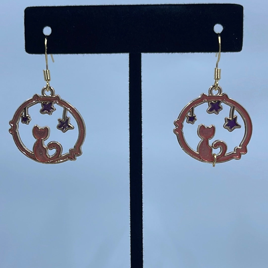Cat and Star Gold Tone Enamel Earrings