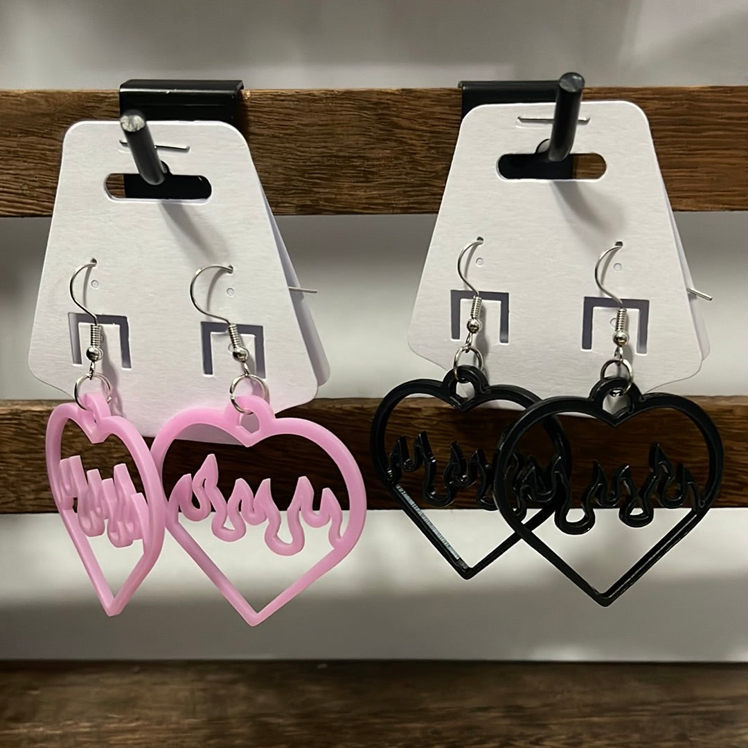 Black Flaming Heart Earrings