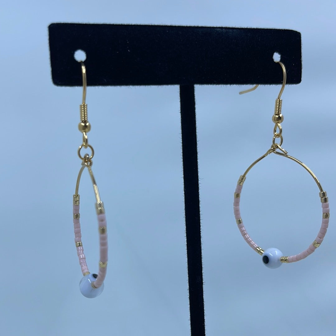 Pink and Gold with White Evil Eye Bead Hoop Earrings